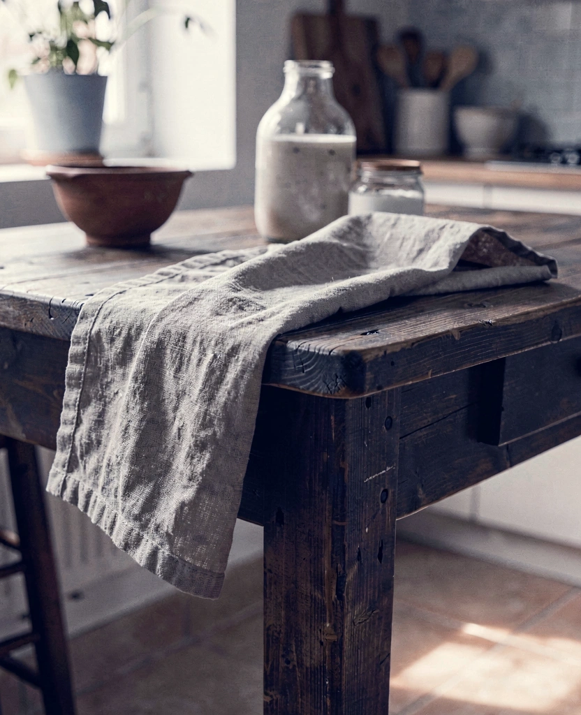 Linen towel on dark wood